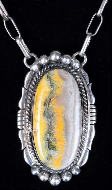 SW STYLE 925 BUMBLEBEE JASPER LADIES PENDANT: Southwest style sterling silver ladies pendant with a large oval-cut bumblebee jasper stone set on the pendant. Stone Type: Bumblebee Jasper Weight: 38.23 grams Size: 19.5" long Condition: NEW