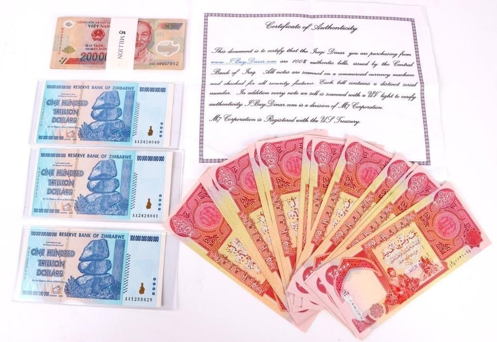 MINT UNCIRCULATED FOREIGN CURRENCY NOTES: Mint uncirculated foreign currency notes to include forty certified 25,000 Iraqi Dinar, comes with COA total Iraqi Dinar is (1,000,000), twenty-five 200,000 Vietnamese Dong (5,000,000) total, and