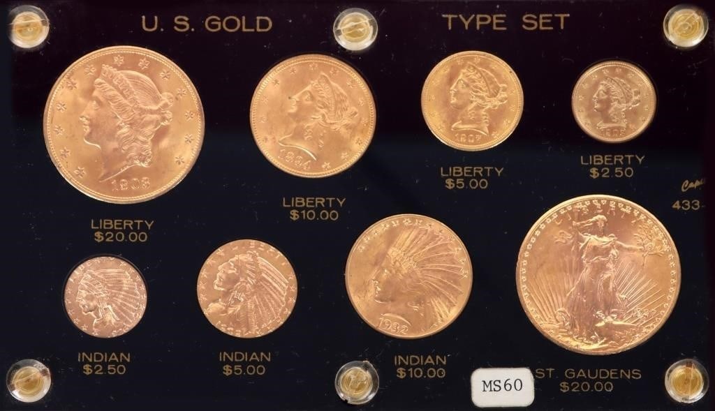 RARE PRE-1933 U.S. GOLD 8-COIN TYPE SET 3.628OZT: Rare Pre-1933 U.S. Gold 8-coin Type set 3.628ozt fine gold MS-60 to include one Coronet Head 1903 P Quarter Eagle, 1907 P Half Eagle, 1894 P Eagle, 1903 P Double Eagle, one 1926 P Indian Head Quarter