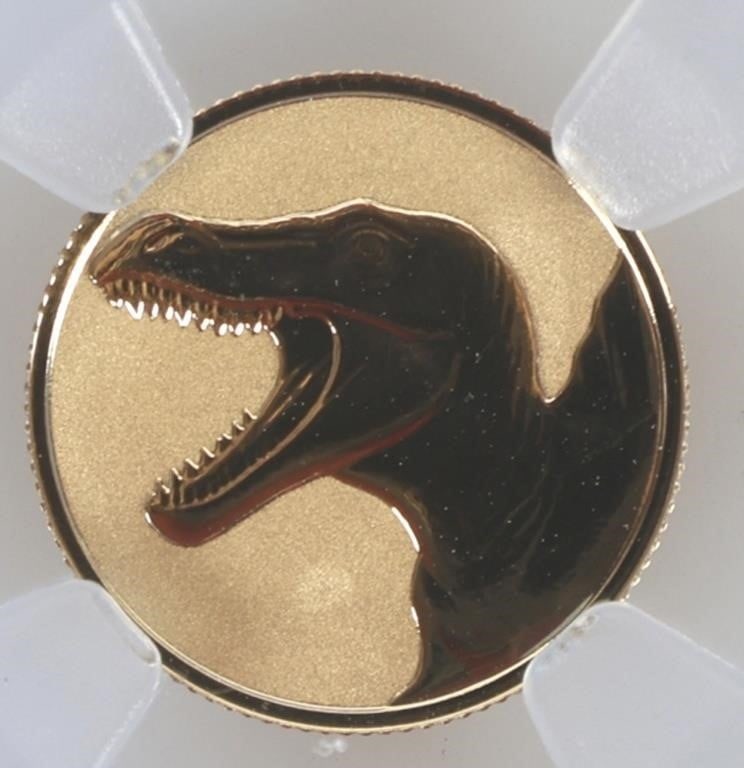 2026 NIUE G$1 SPINOSAURUS NGC REVERSE PF-70: 2026 Niue G$1 Spinosaurus 1 Gram fine gold coin NGC Reverse Proof-70 Bert purple core. Weight: 1.00 Grams Condition: NGC Reverse Proof-70.