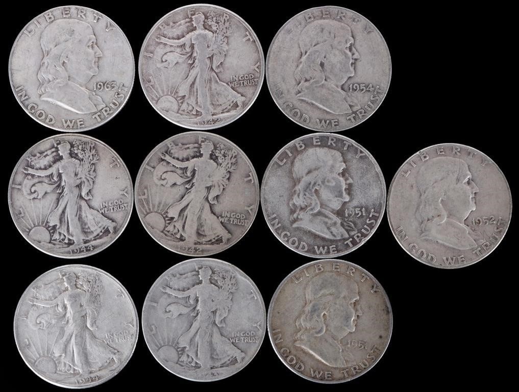 ASSORTED 90% SILVER U.S. HALF DOLLARS - (10) (1 of 2)