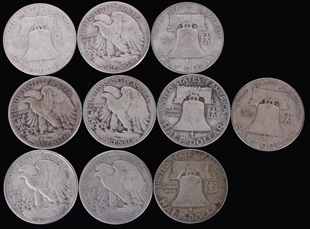 ASSORTED 90% SILVER U.S. HALF DOLLARS - (10) - 2