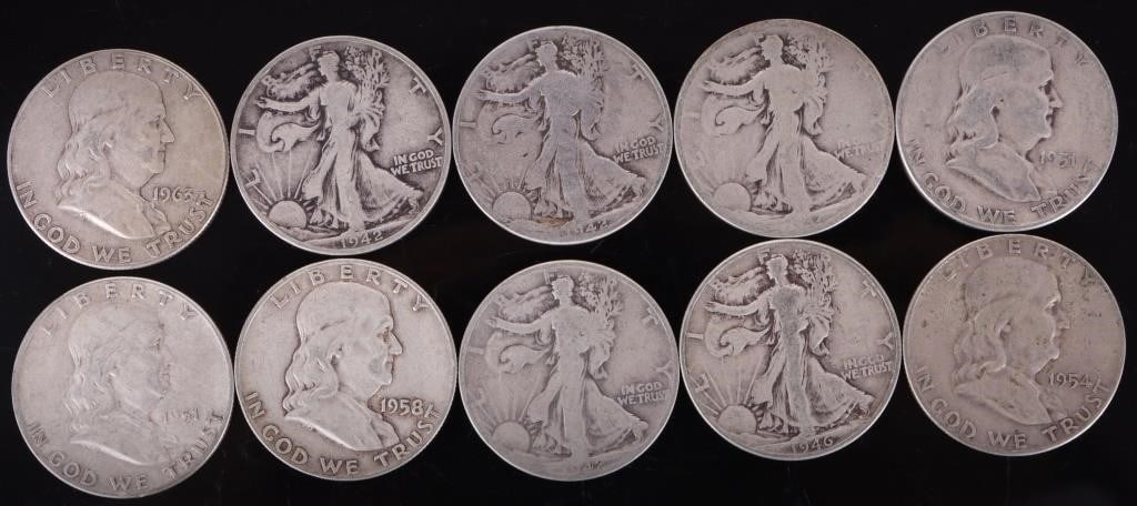 ASSORTED 90% SILVER U.S. HALF DOLLARS - (10) (1 of 2)
