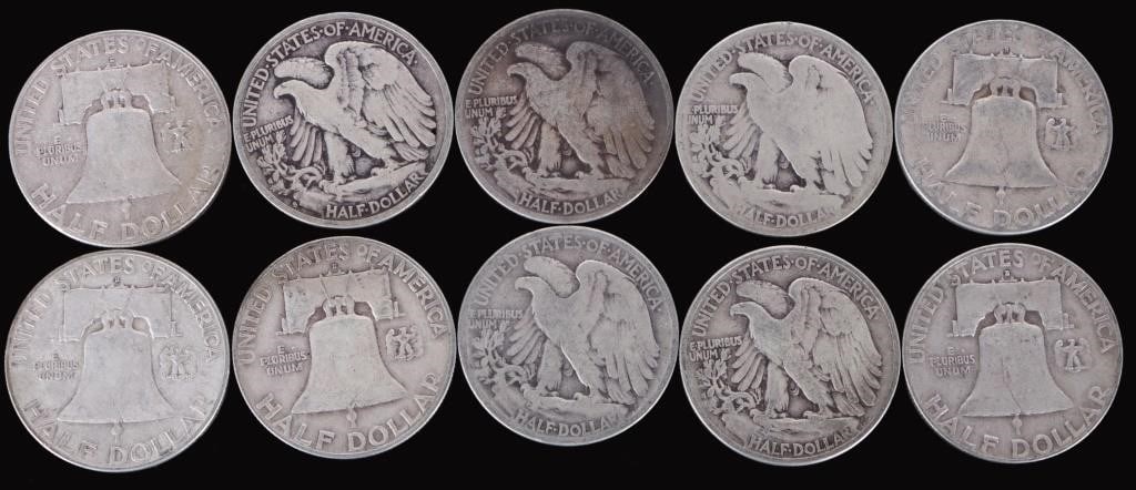 ASSORTED 90% SILVER U.S. HALF DOLLARS - (10) - 2