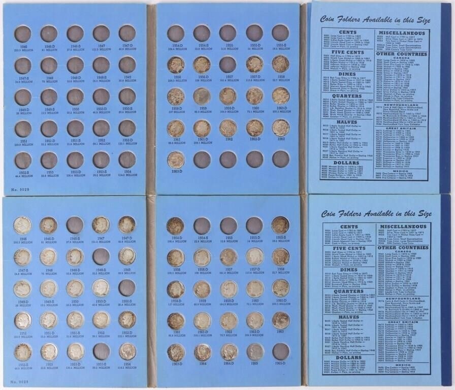 ROOSEVELT DIME COLLECTION BOOKS PARTIALLY FULL-(2): Roosevelt Dime Collection books starting at 1946 partially full to include a total of 59 dimes. Weight: 140.00 Grams Condition: Circulated