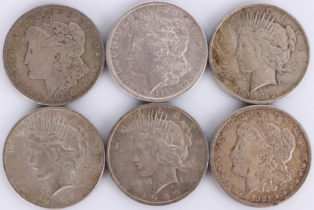 ASSORTED 90% SILVER MORGAN/PEACE DOLLARS - (6) (1 of 7)