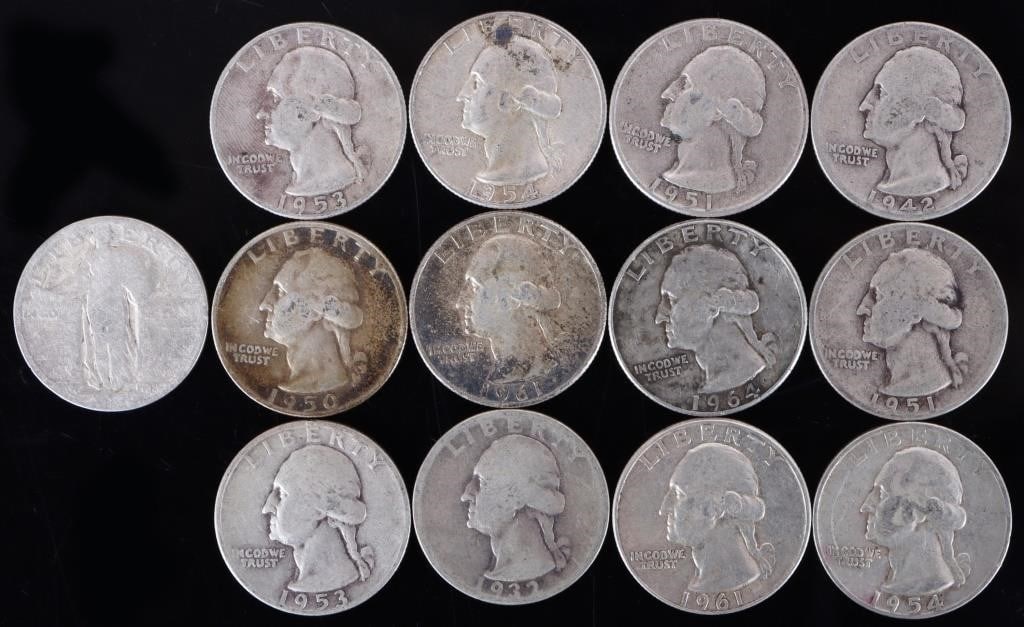 ASSORTED 90% SILVER WASHINGTON QUARTERS - (13): Thirteen assorted 90% silver Washington Quarters. Weight: 79.50 Grams Condition: Ranges from Poor to Very Fine.