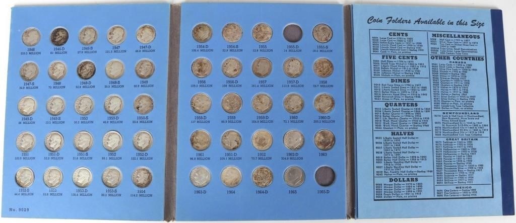 90% SILVER ROOSEVELT DIME COLLECTION NEAR COMPLETE: 90% silver Roosevelt Dime collection to include an almost complete series of the silver clad Roosevelt Dimes (missing 1955 D), one 1965 P clad composition Roosevelt Dime, and two Canadian Dimes (1944