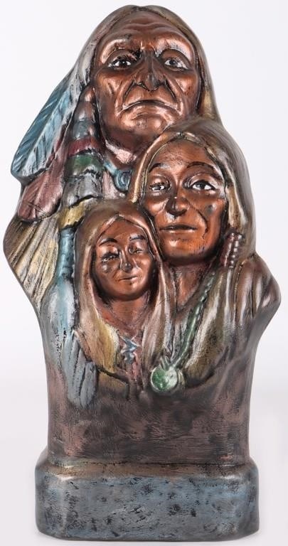 NATIVE AMERICAN FAMILY PLASTER BUST REPRODUCTION: Native American family plaster bust reproduction. This beautiful piece is a reproduction of the original done by Anne-Jo at MCM art studio in Los Angeles. This sculpture is beautifully painted in bron