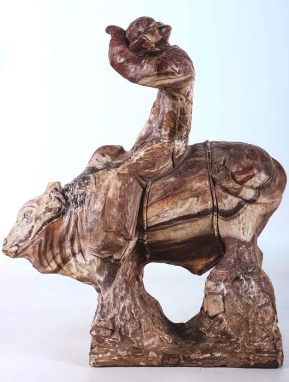 SEDIMENTARY STONE CARVED COWBOY ON BULL STATUE (1 of 5)