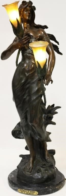 AFTER AUGUSTE MOREAU 'WOMAN IN WIND' SPELTER LAMP (1 of 13)