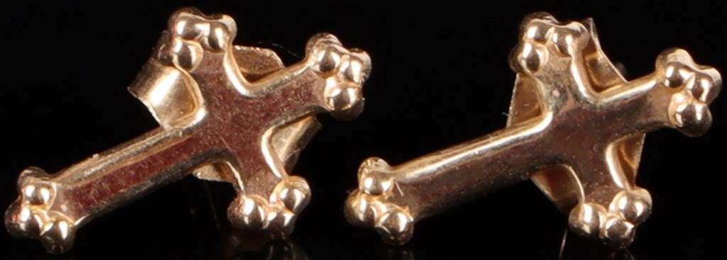 14K YELLOW GOLD CROSS STUD LADIES EARRINGS JESUS: Pair of 14k yellow gold ladies Christian cross stud earrings. Weight: 0.46 grams Size: 11 x 7 mm Condition: See pictures.