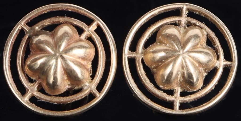 14K YELLOW GOLD LADIES FLORAL STUD EARRINGS: Pair of 14k yellow gold ladies floral stud earrings. Each features an abstract flower surrounded by two thin concentric circles supported by two perpendicular crossbars. Weight: 2.7 grams Size: 12.85m