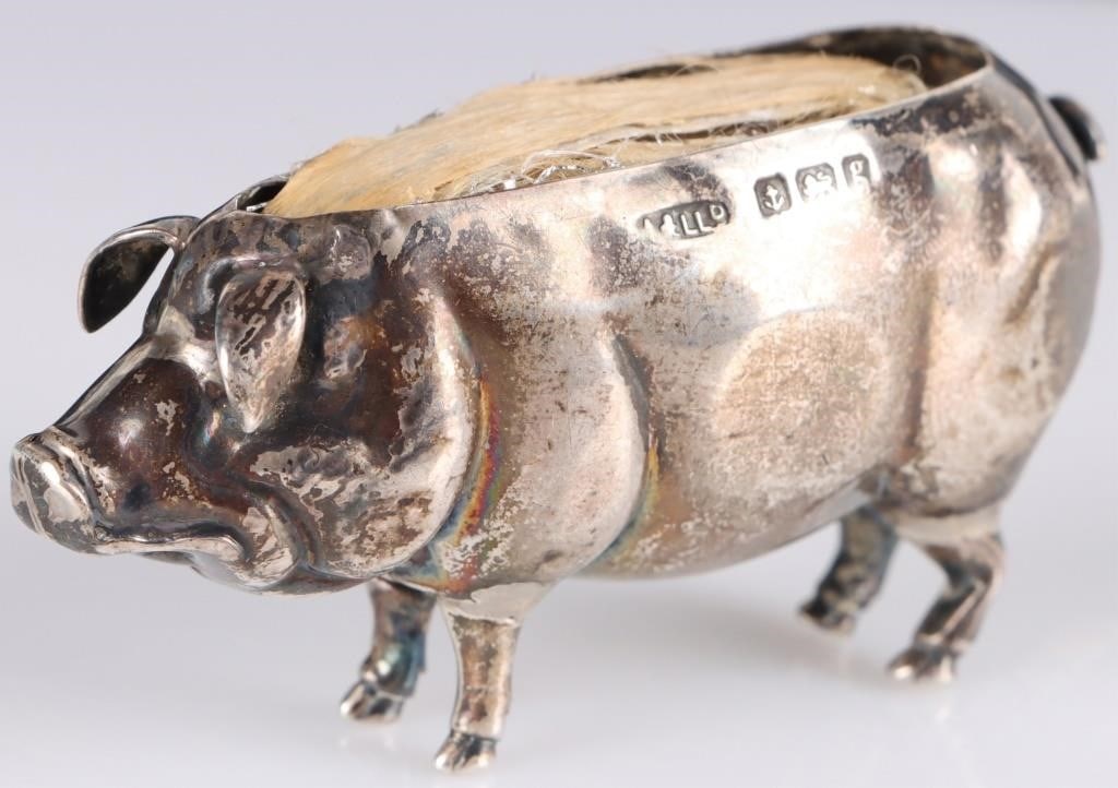 ANTIQUE STERLING SILVER BRITISH PIG PIN CUSHION (1 of 6)