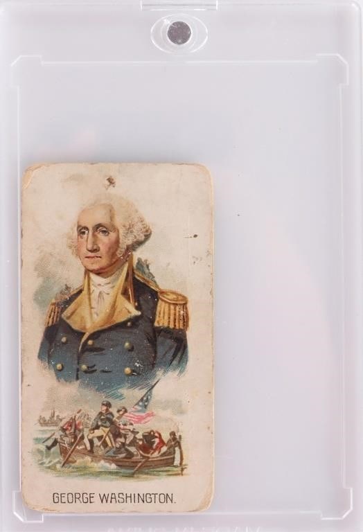 KINNEY BROS GEORGE WASHINGTON TOBACCO CARD: Vintage 1889 Kinney Bros Leaders (N222) cigarette tobacco card featuring George Washington in his Continental Army uniform. Below his portrait is a smaller scene of his famous crossing of the Delaware
