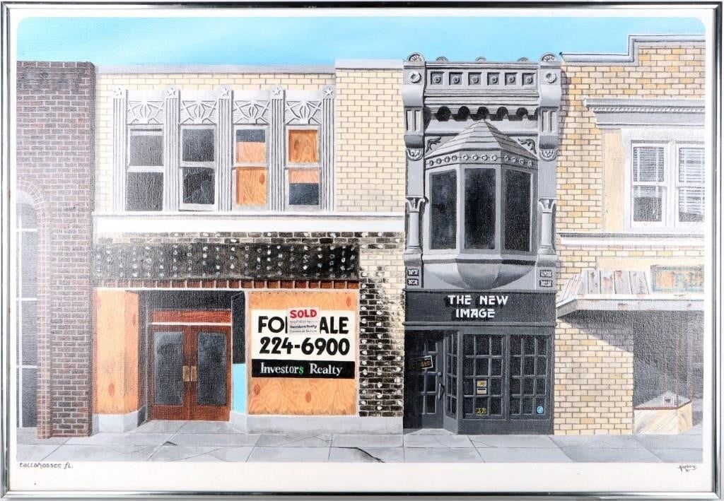 TALLAHASSEE, FL PAINTING BY ALANN J. BOATRIGHT: 'Tallahassee, FL' by Alann J. Boatright in 1981, depicting a run-down street in the titular city. The painting is in the artistic tradition of American Realism, given its stark lines, flat lighting,