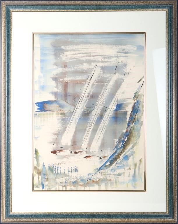 BIRDSEY WATERCOLOR ON PAPER OF 3 SAILBOATS FRAMED: Alfred Birdsey (English, 1912-1996) watercolor on paper of 3 sailboats framed and signed. This beautiful piece features a watercolor of 3 sailboats amidst the waters. Alfred Birdsey was an
