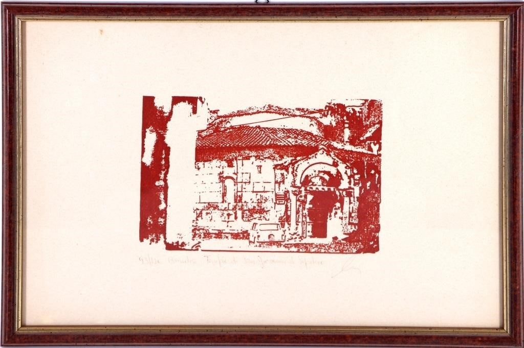 B. CASSINARI LITHOGRAPH TEMPLE OF SAN GIOVANNI: Lithograph by B. Cassinari of the Temple of San Giovanni. Written below image written in Italian is "Brindisi Tempio Di San Giovanni al Sepolcro Brindisi" Size: 15" x 10.25" Framed Condition: Please