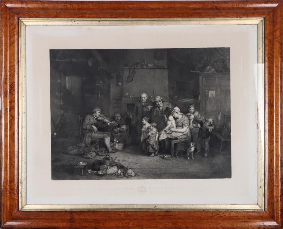DAVID WILKIE 'BLIND FIDDLER' B&W ENGRAVING FRAMED: David Wilkie (1785-1841, Scottish) "Blind Fiddler" black & white engraving framed. This piece was dedicated to Sir George Beaumont, Baronet after the original painting. Size: 34.50" X 28.25"