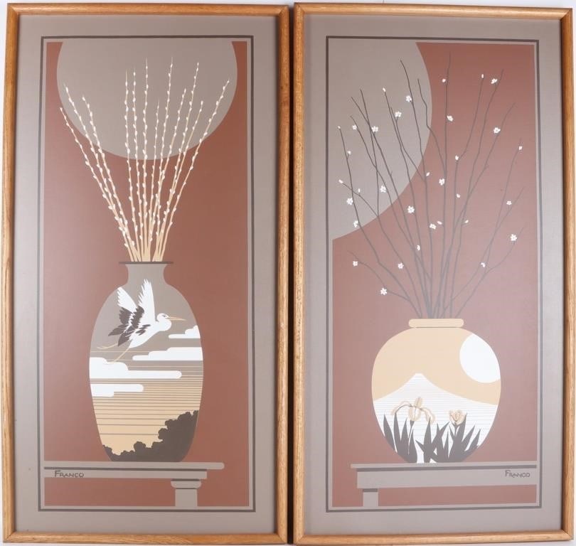 PAIR OF FRANCO FLOWERING VASE OIL ON CANVAS FRAMED: Pair of Franco flowering vases oil on canvas framed. Not much is known about this talented artist by the signature of Franco. Size: 21.00" X 41.00" Condition: Some minor points of wear. See images for