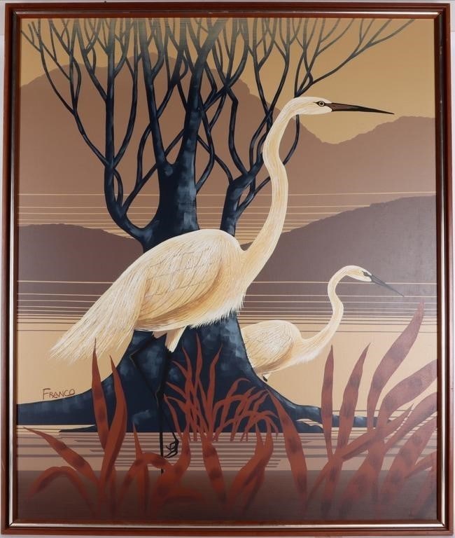 'EGRETS' FRANCO 1970'S OIL ON CANVAS FRAMED: "Egrets" Franco 1970's oil on canvas framed. Not Much is known about theis talented artist by the signature "Franco." Size: 38.00" X 46.00" Condition: Some wear along the top of the canvas. See images