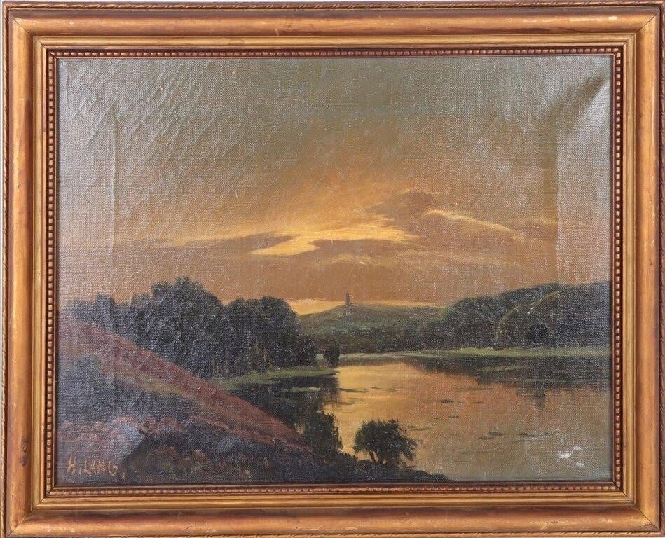 H. LANG OIL ON CANVAS FRAMED DEPICTING A LANDSCAPE: H. Lang oil on canvas framed depicting a landscape to include a beautiful view of a lake at dusk in front of an old mountain. Size: 18.25" X 14.25" Framed Condition: Some cracks present in painting,