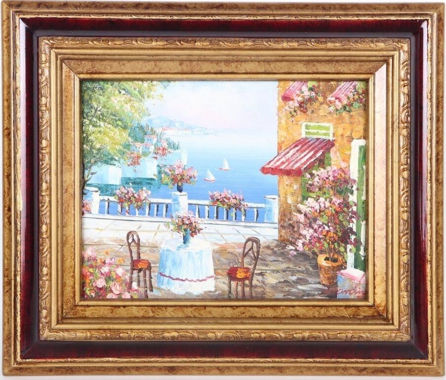 MICHAEL HARDING VTG OIL ON CANVAS BURGUNDY FRAME: Michael Harding Oil on Canvas Landscape Painting depicting the Mediterranean Sea in an Impressionist style. Framed in Burgundy and Gold. Size: 15" X 12.5" Framed Condition: Very fine. See images.