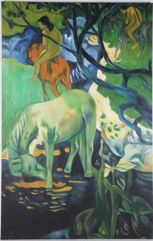 PAUL GAUGUIN THE WHITE HORSE REPRODUCTION: Handmade reproduction of Paul Gauguin's 1898 piece Le Cheval Blanc (The White Horse), depicting a horse drinking from a river in the Tahitian jungle. 6.9 lbs. Size: 53.25 X 34 X 1" Condition: See pict