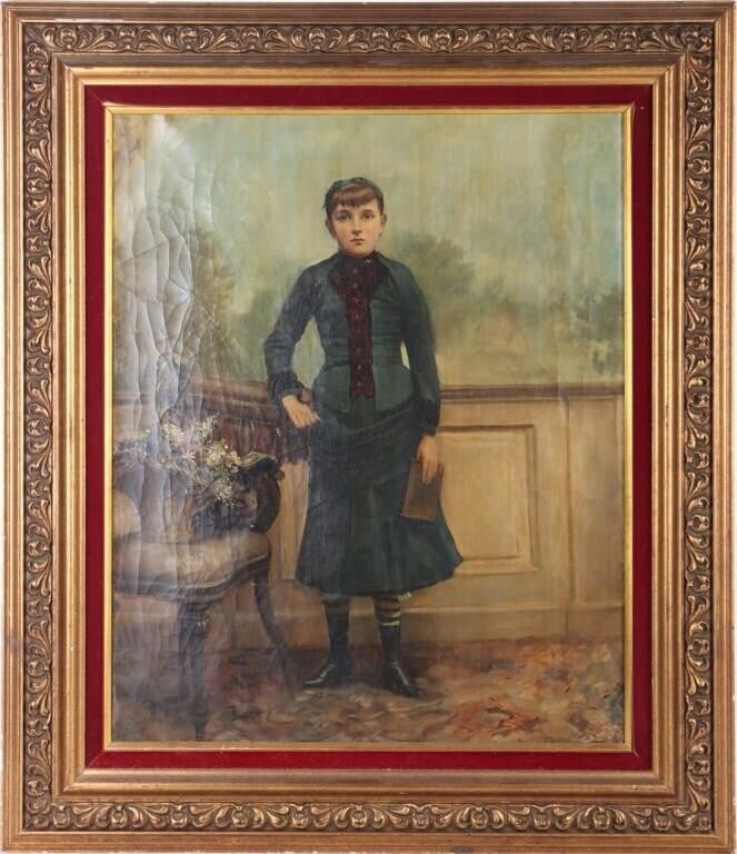 19TH C. OIL ON CANVAS PORTRAIT OF A YOUNG WOMAN: 19th C. oil on canvas portrait of a young woman w/ extensive craquelure. The artist of this beautiful piece is unknown. Size: 26.00" X 30.00" Condition: Extensive craquelure.