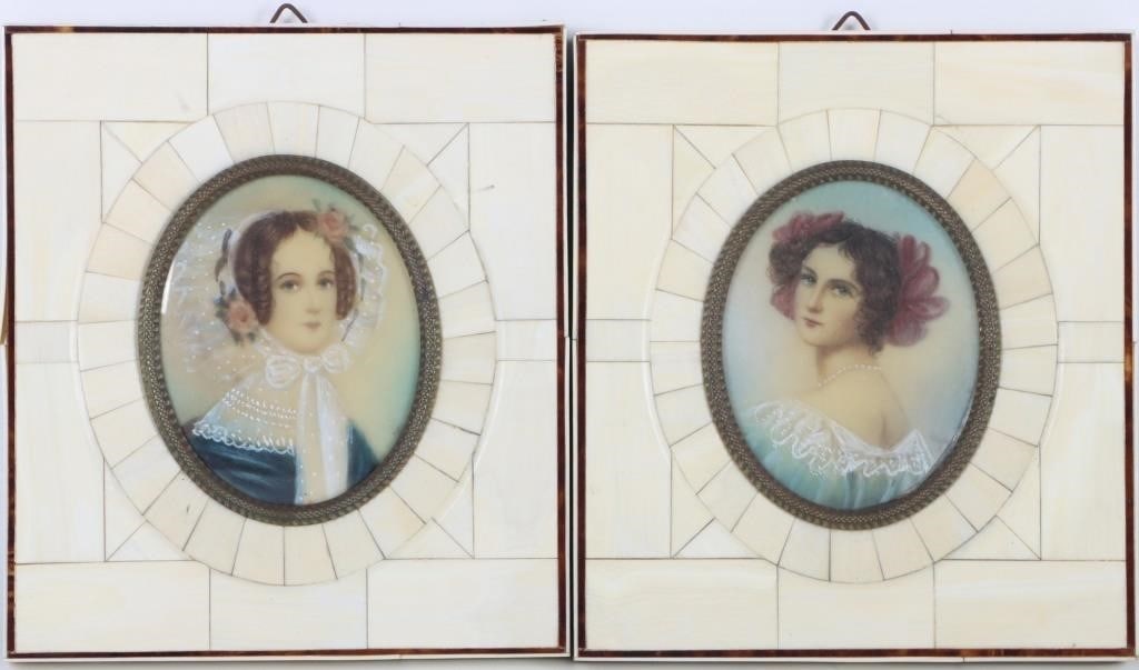 TWO ANTIQUE PORTRAITS IN PIANO KEY BONE FRAMES (1 of 5)