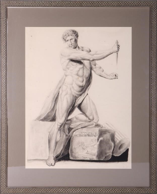 ORIGINAL NUDE PORTRAIT GRAPHITE & PASTEL ON PAPER: Original nude portrait of Greek man w/ dagger graphite and pastel on paper framed. The artist of this beautiful piece is unknown. Size: 26.00" X 32.00" Condition: Very fine.