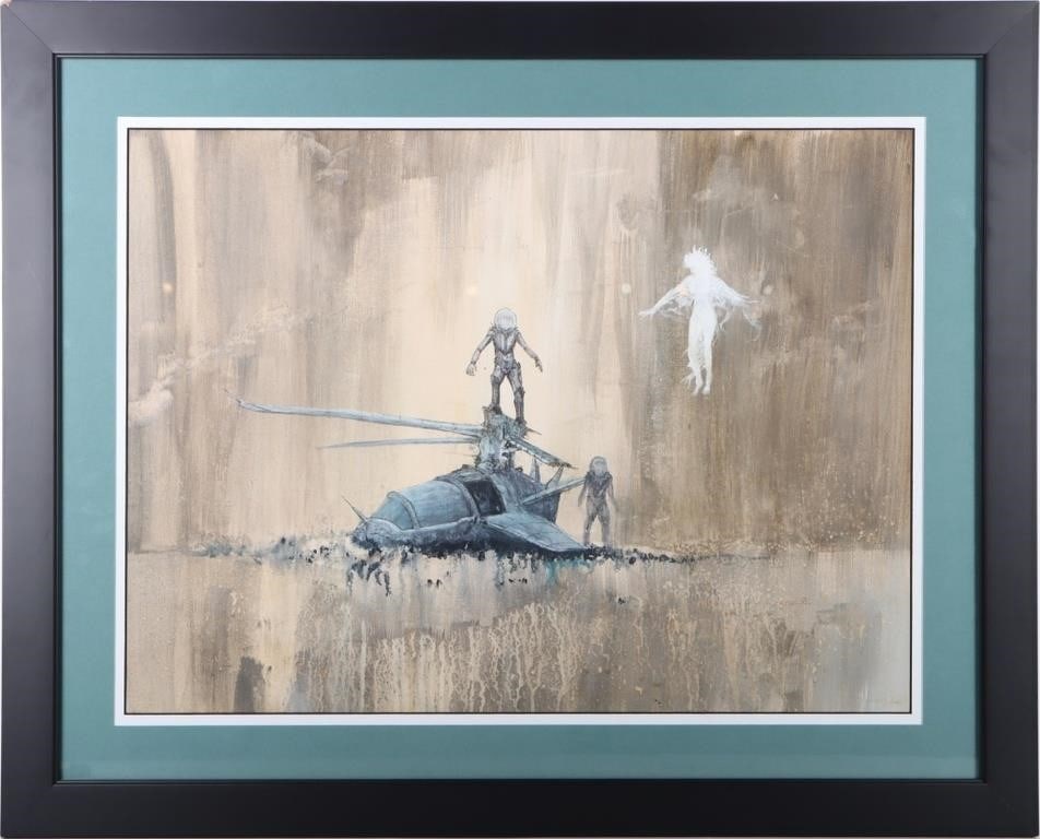 ZATUZ 92' OIL ON CANVAS OF ALIEN WRECKAGE FRAMED: Zatuz 92' oil on canvas of an alien wreckage framed. This piece also utilizes a trickle design like that of flowing water. The artist of this beautiful piece by the signature Zatuz is unknown. Size: 3