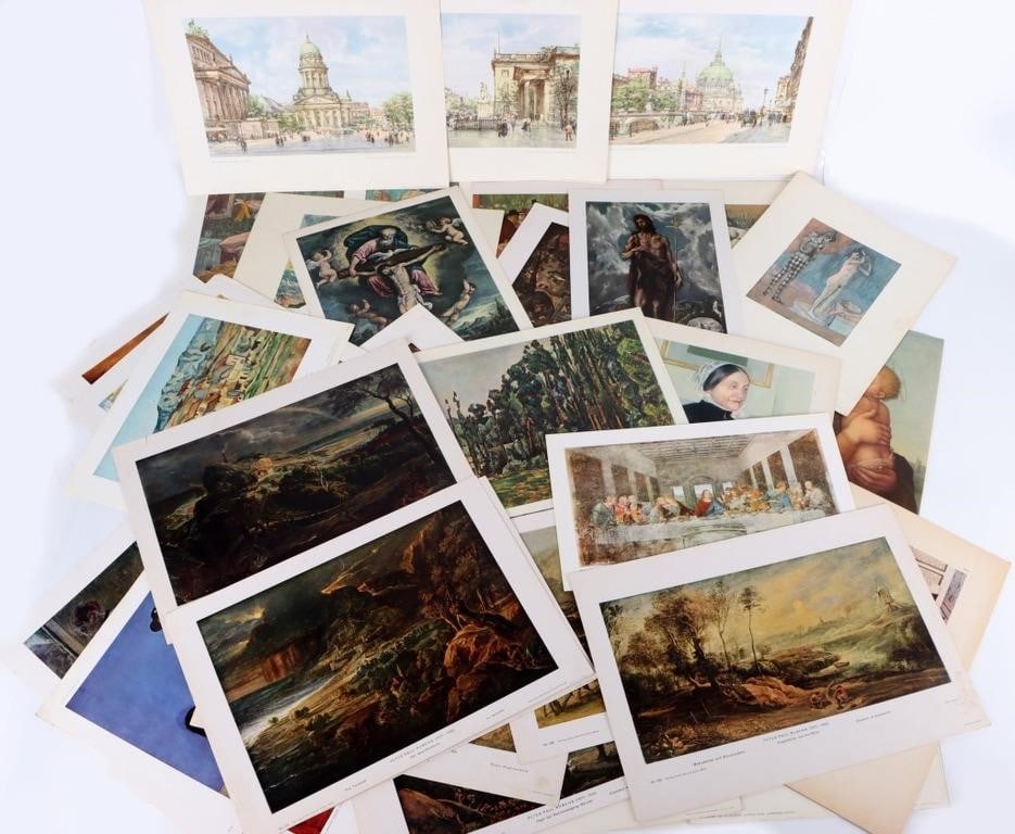 FINE ART PRINTS RUBENS PICASSO CEZANNE VAN GOGH-47: Lot of forty-seven fine-art prints, to include pieces by Peter Bruegel, Peter Paul Rubens, Vincent Van Gogh, Cezanne, Renoir, Toulouse-Lautrec, Picasso, Seurat, and many others. Size: 15 x 11.75 (larg
