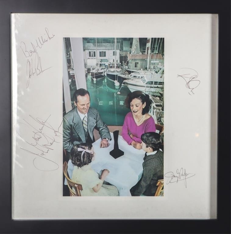LED ZEPPELIN 'PRESENCE' VINYL RECORD BAND SIGNED: Led Zeppelin "Presence" Vinyl Record Swan Song Label P-10160N Japan 1976 LP Gatefold signed by all members of the band (Jimmy Page, Robert Plant, John Paul Jones, and John Bonham) and framed. Not prof