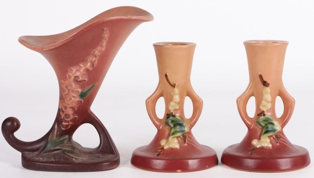 ROSEVILLE POTTERY PINK VASE & CANDLESTICK HOLDERS (1 of 7)