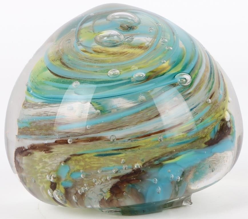 VINTAGE MURANO ART GLASS SWIRLED PAPERWEIGHT: Vintage Murano art glass Italian swirled blue and yellow paperweight. Size: 3.5" Length Condition: Very fine.