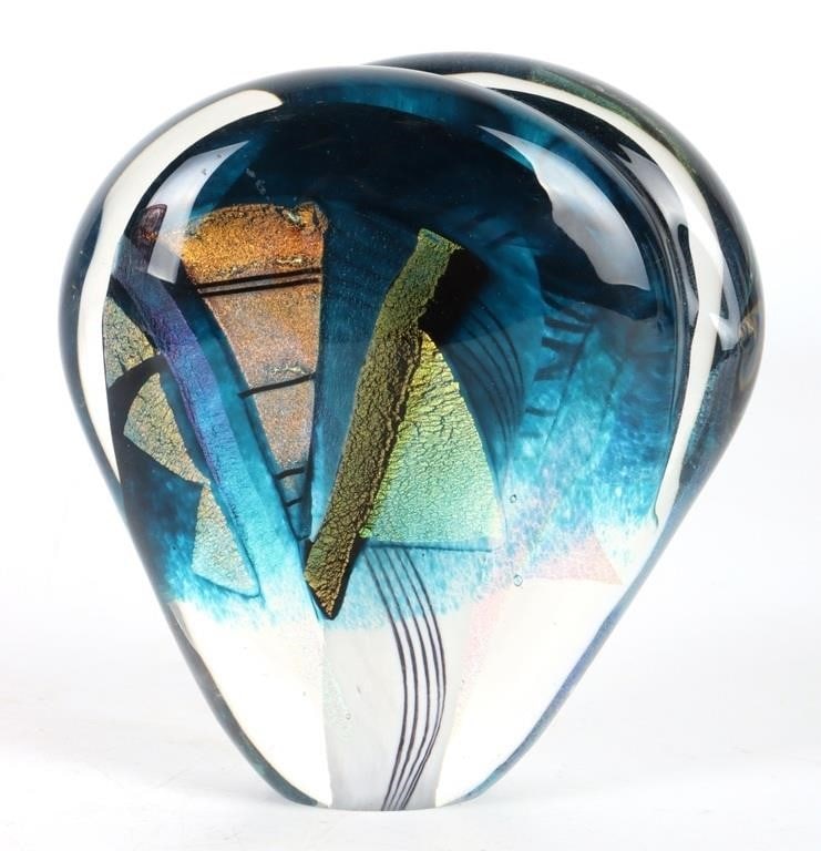 HAND BLOWN MULTI COLOR ART GLASS PAPERWEIGHT: Beautiful hand blown multi color art glass paperweight. Paperweight is a very unique shape. Size: 4.75" x 4.25" Condition: No cracks or chips. Please see images for complete condition.