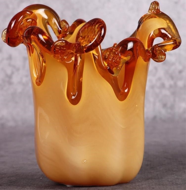 GENUINE ITALIAN MURANO AMBER ART GLASS VASE: Genuine Italian Murano amber art glass vase. Comes with official label on the underside. Size: 5.5" Length Condition: Very fine.
