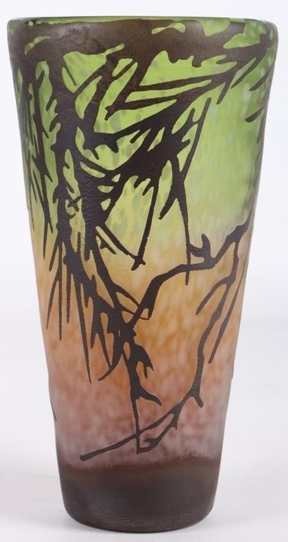 CHARLES SCHNEIDER INSPIRED CAMEO GLASS VASE: This is a large Pate de Verre Art Deco Cameo glass vase inspired by Charles Schneider. The vase features a forest pattern with a green color and an antique finish. It is designed with a theme of art, 