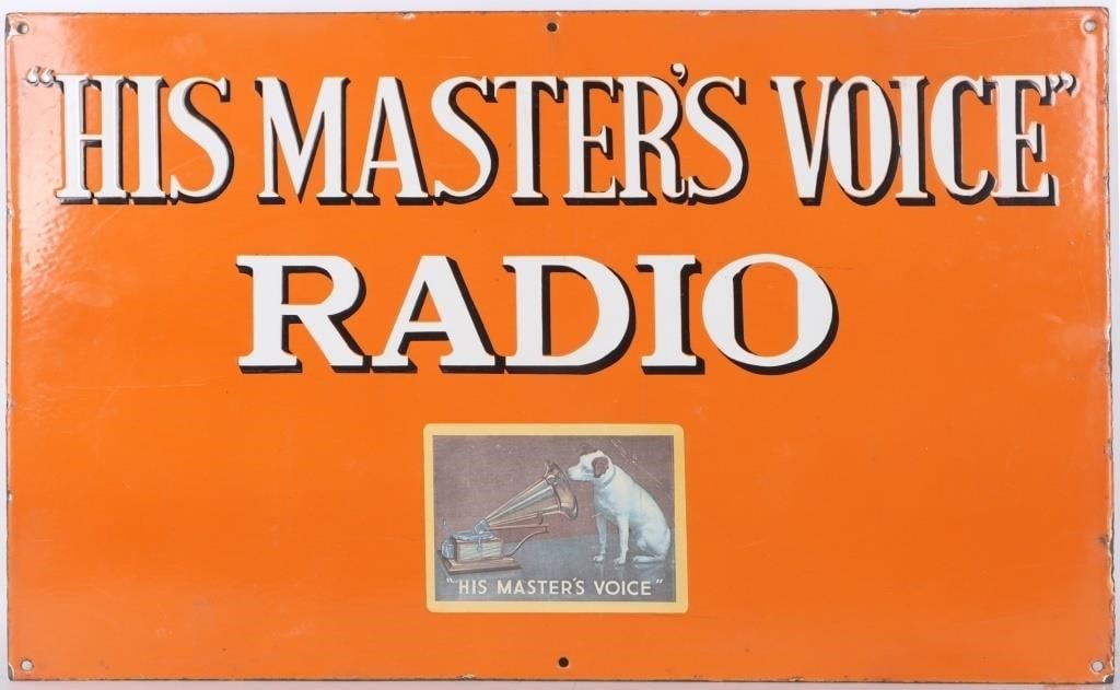 VINTAGE HIS MASTER'S VOICE RADIO ORANGE METAL SIGN (1 of 4)