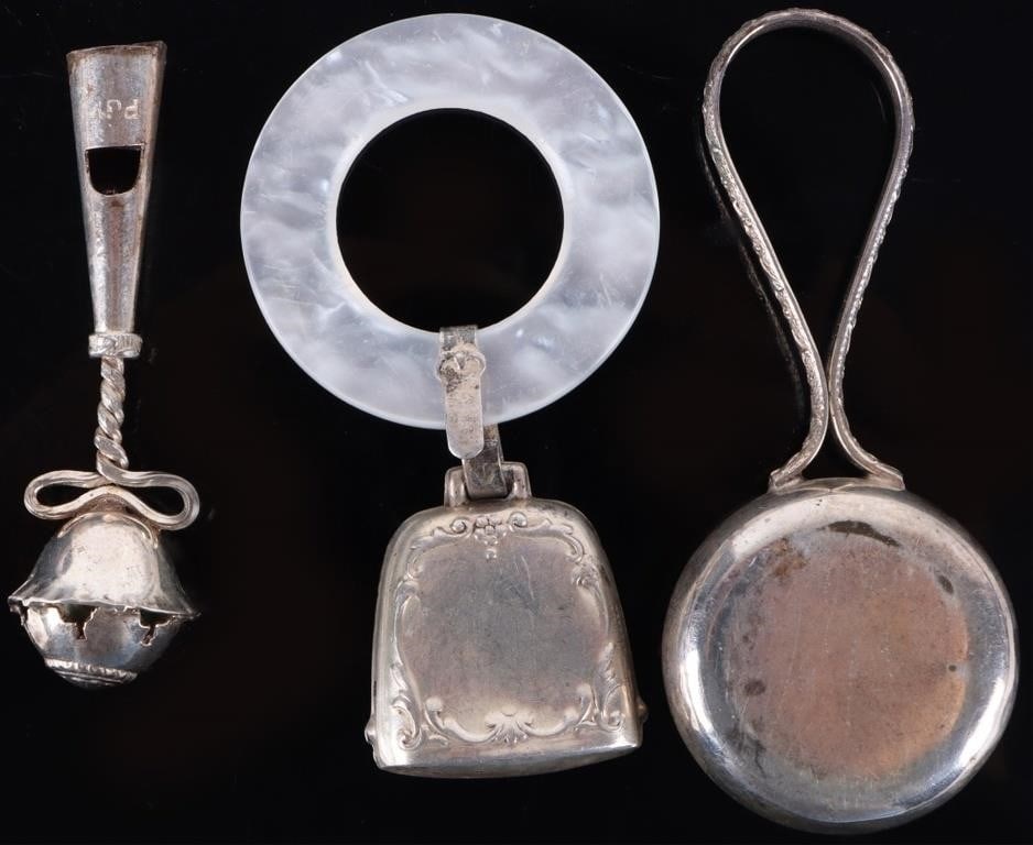 ANTIQUE VICTORIAN SILVER PLATED BABY TOYS - (3): Antique Victorian silver plated baby toys to include a 3.25" baby rattle, one 2.50" whistle rattle, and one 3.00" rattle bell. Size: Varied Condition: Wear commensurate with age.