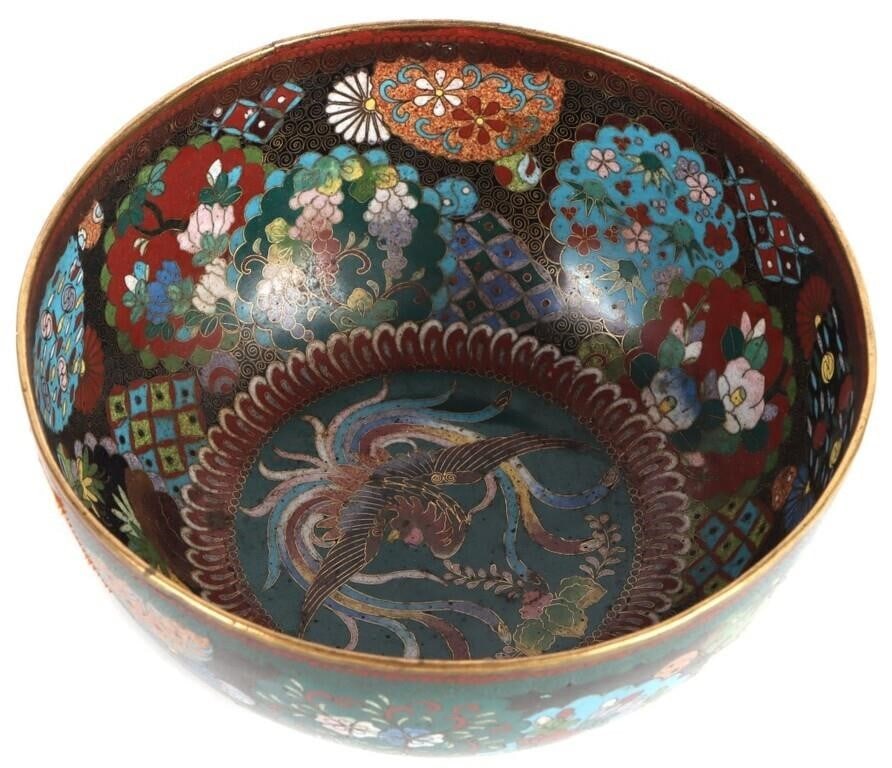 JAPANESE COPPER CLOISONNE BOWL: Japanese copper cloisonne bowl that features a phoenix at the center with various floral and geometric patterns. This piece is signed and dated 1929 on the bottom. Size: 5.75" x 2.25" Condition: Very 