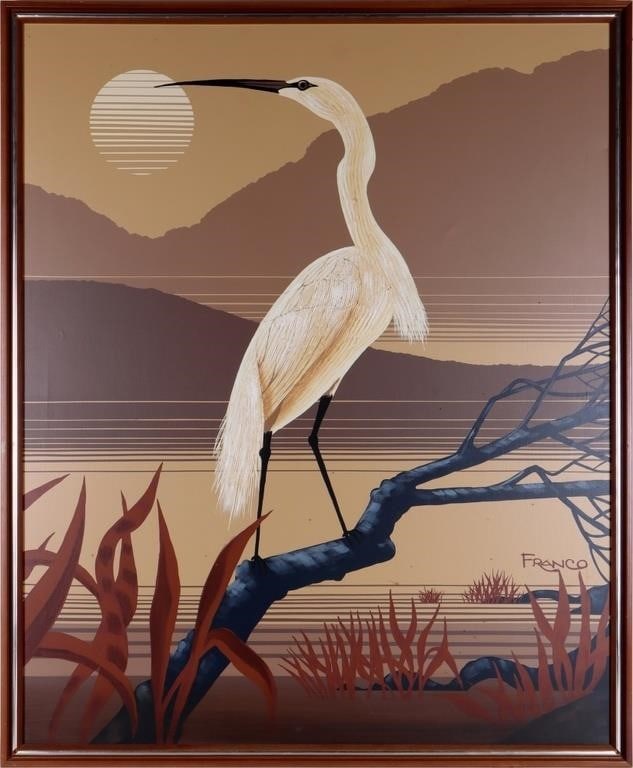 EGRET PERCH FRANCO 1970'S OIL ON CANVAS FRAMED (1 of 6)