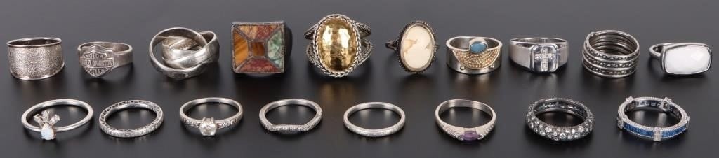 STERLING SILVER COLLECTIBLE LADIES RINGS - (18): Sterling silver collectible ladies rings - lot of 18. Stone Type: Assorted Weight: 83.90 Grams Size: Varied. Condition: Gently used. See images for complete condition.