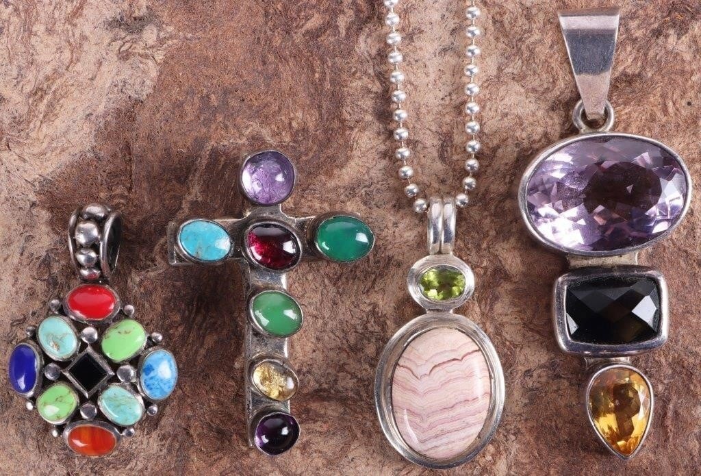 SW STYLE STERLING SILVER LADIES PENDANTS W/ GEMS: Southwest style sterling silver ladies pendants, to include a cross with amethyst, green tourmaline, purple tourmaline, turquoise, chrysoprase, citrine, and lavender jade, a necklace with a pendant