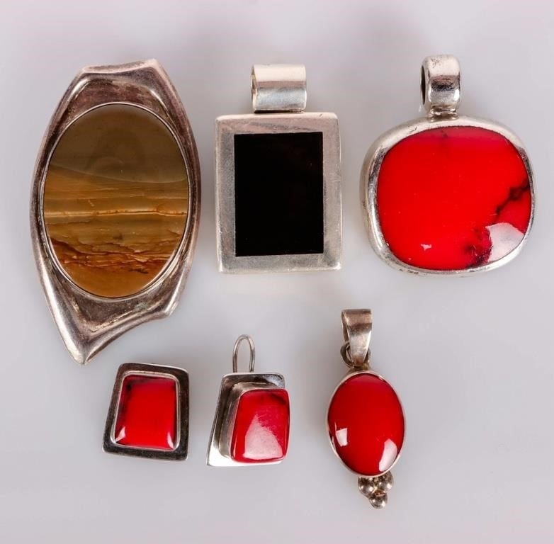STERLING SILVER LADIES PENDANTS & EARRINGS (5): Sterling silver ladies earrings and pendants. Lot includes one pair of earrings with red jasper (one earring's hoop has broken off), two pendants with red jasper, one small and one large, one pendant