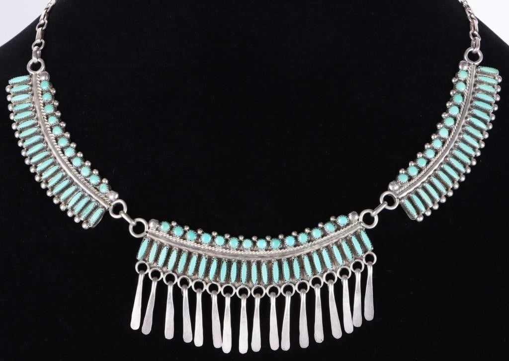 SW STYLE 925 SILVER LADIES DANGLE NECKLACE W/ TURQ: Southwest style sterling silver ladies necklace. The face is composed of three links, each featuring round and long pieces of turquoise. The center link features a row of dangling sterling pieces