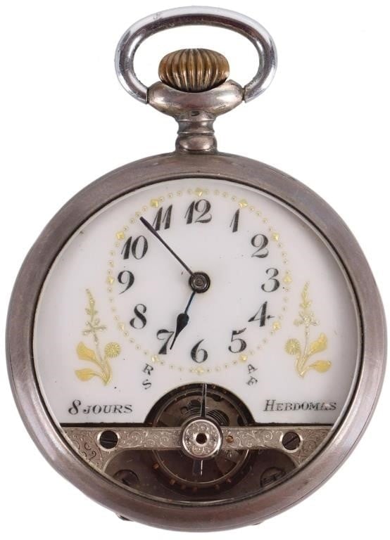 ANTIQUE HEBDOMAS 8 DAYS SPRING BREGUET POCKETWATCH: Antique Hebdomas 8 Days Spring Breguet Swiss Made Pocket Watch Visible Escapement. Movement still functions. Metal Pocket Watch Hebdomas Mens Weight: 82.50 Grams Size: 48mm Condition: Wear commensurat