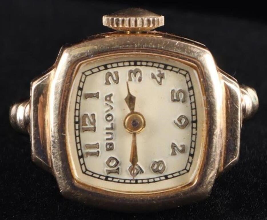 14K YELLOW GOLD BULOVA WATCH RING 17 JEWELS WORKS: 14K yellow gold ladies Bulova watch ring. To include 17 jewels. Functional. 14k Yellow Gold watch Ring Bulova Ladies Weight: 7.0 grams Size: US 7.75 ring, 16.88 X 14.5mm face Condition: Functional, th