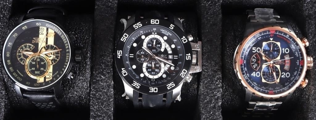 INVICTA MEN'S WRISTWATCH ASSORTMENT LOT OF 3: Invicta 17203 Aviator chronograph men's watch features a 48mm wide and 17mm thick two tone rose gold ion plated solid stainless steel case with a fixed bezel and textured push-pull crown with function